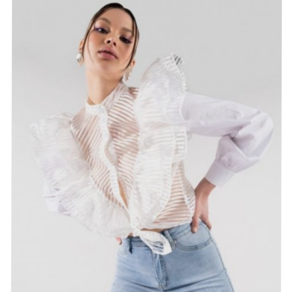 Akira White Sheer Striped Chiffon Ruffle Button Down Long Sleeves Blouse Top